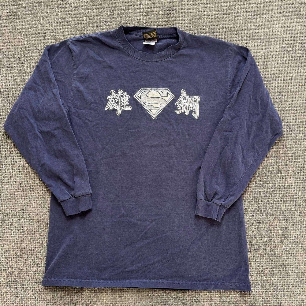 Warner Bros Superman Long Sleeve Shirt Mens M Blue Vintage 2000 Kanji Graphic